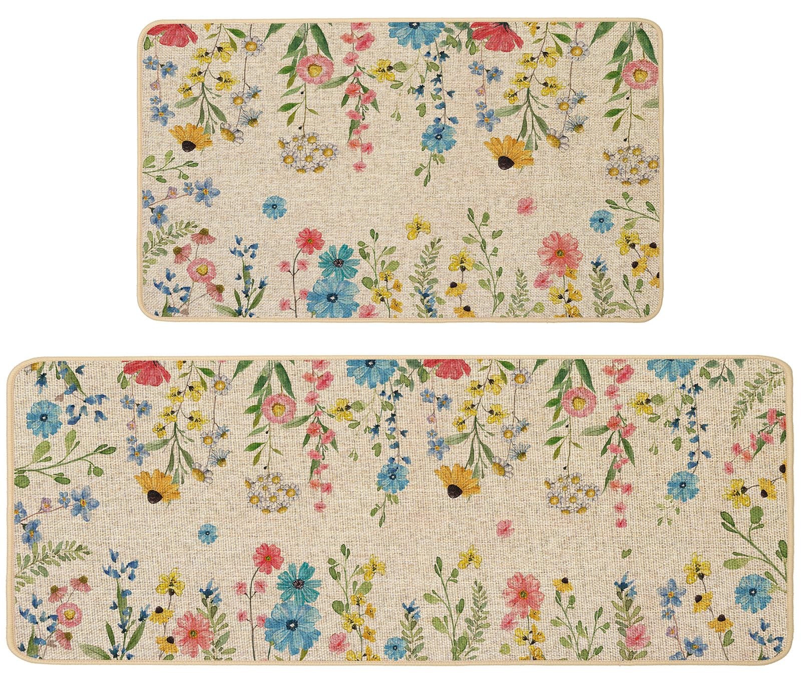 Floral Kitchen Rugs Set of 2, Spring Summer Cute Flowers Kitchen Mats for Flo...