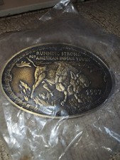 VTG Brass Belt Buckle "Running Strong For American Indian Youth" 1997 Native