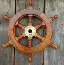 DÉCOR MURAL ROUE NAUTIQUE 12" VINTAGE FINITION ANCIENNE LAITON BOIS BATEAU BATEAUX