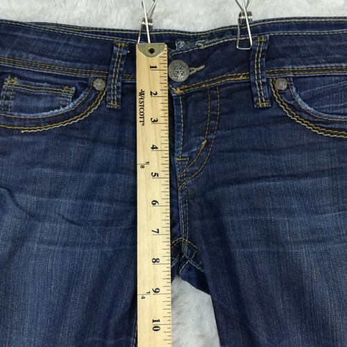 Pantalones de mezclilla plateados para mujer Camden Rose Bell parte inferior azul oscuro acampanado tiro bajo 29 - Imagen 9 de 14