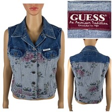 Guess Womens Small Denim Vest Floral Vintage Made In USA 100 Cotton Buttons