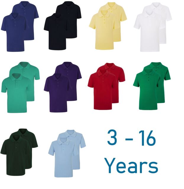 Twin Pack of 2 Boys Plain Polo Shirt School P.E Sports GYM Ages 3 - 16 Years