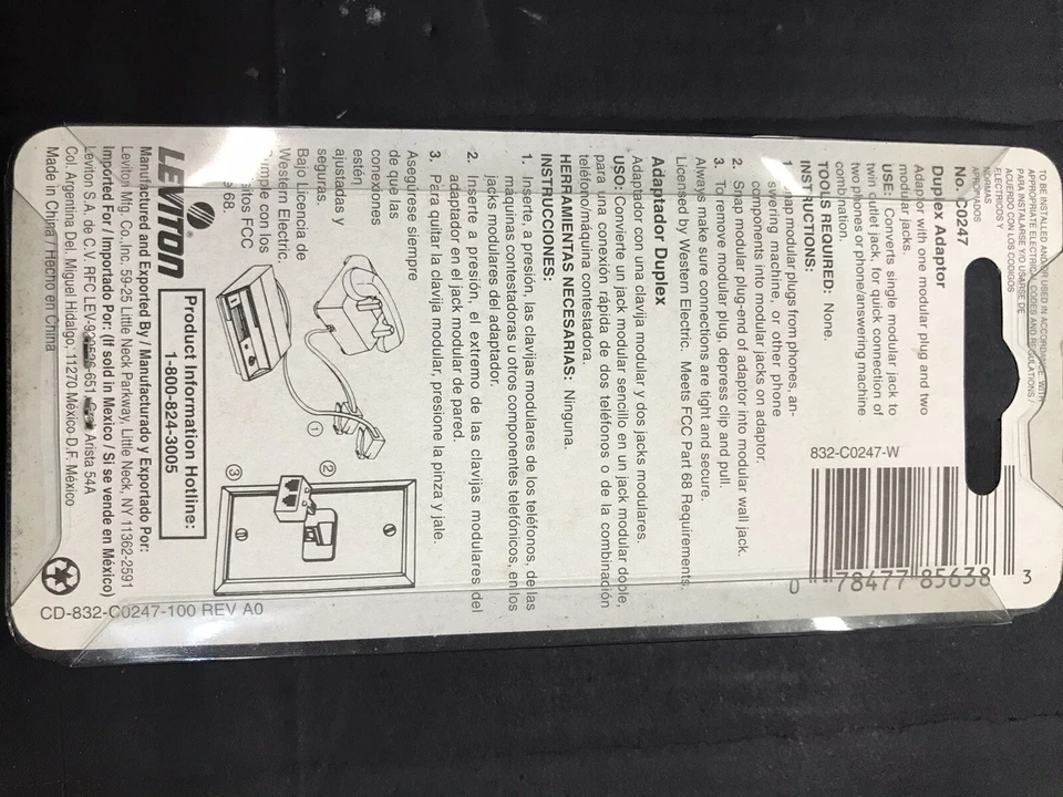Leviton phone line modular duplex plug adapter/832-co247 white 9 available new - Изображение 2 из 4