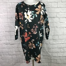 Pull & Bear Women's Large Shift Dress Green Floral 3/4 Sleeve