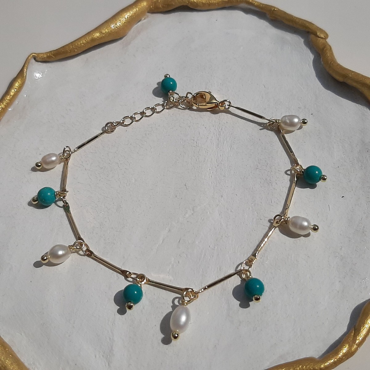 Bracelet Perles De Culture Et Turquoise - Plaqué Or Jaune 14 - Marque Rose-Mimosa - Neuf Avec étiquettes
