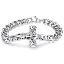 Fashion Silver Stainless Steel Jesus Cross Chain Wristband Men Bracelet Bangle