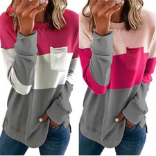 Women Sweatshirt Color Block Long Sleeve Crewneck Tunic Tops Loose Fit Pullover