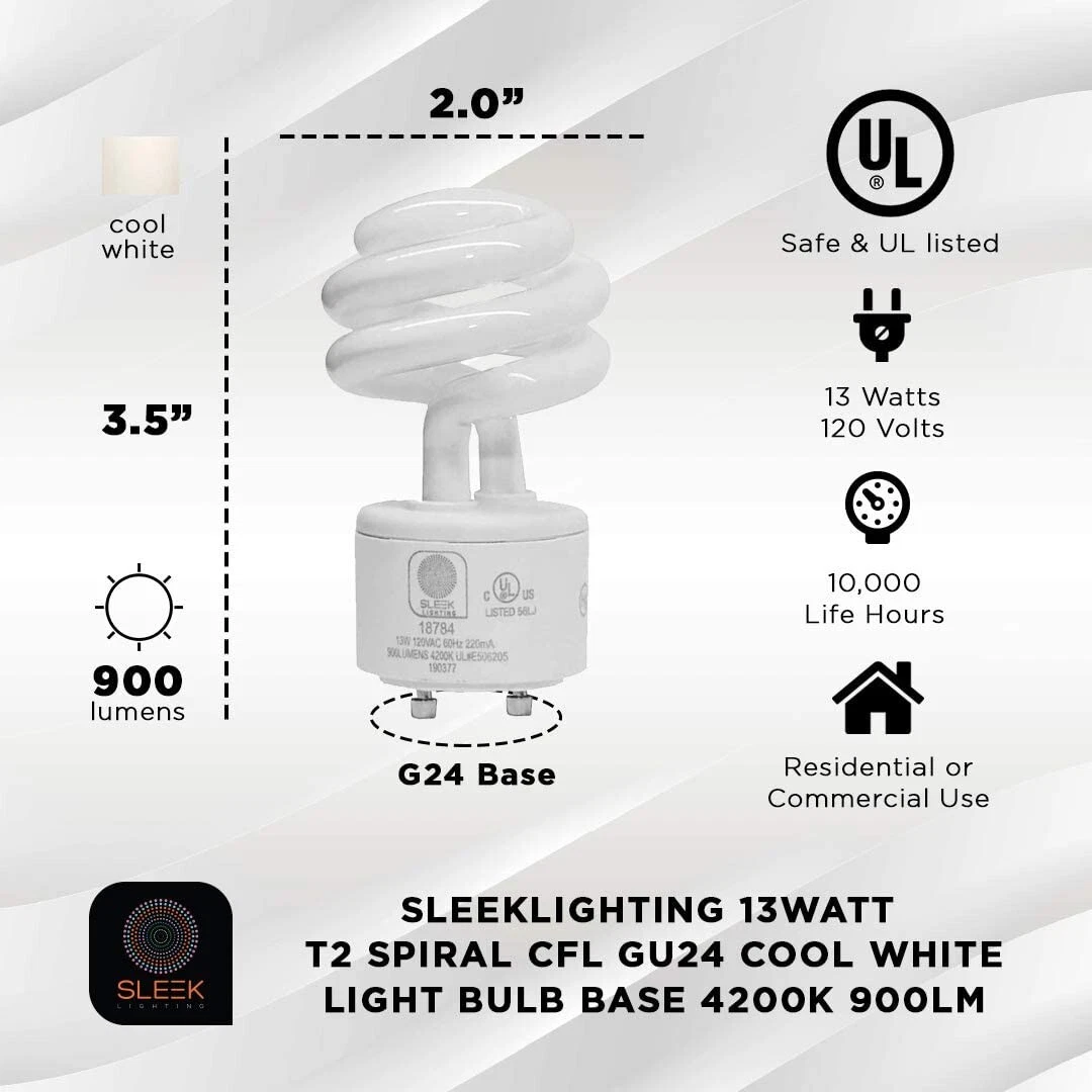 13W GU24 Base 2 Prong Light Bulbs UL Approved 120v 60Hz Mini Twist Lock Spiral