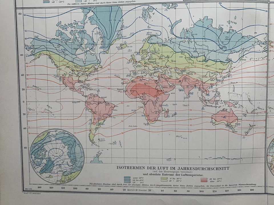 Mapa antiguo original de gráficos isotérmicos mundiales de 1899 de Richard Andree Foto 4 de 4
