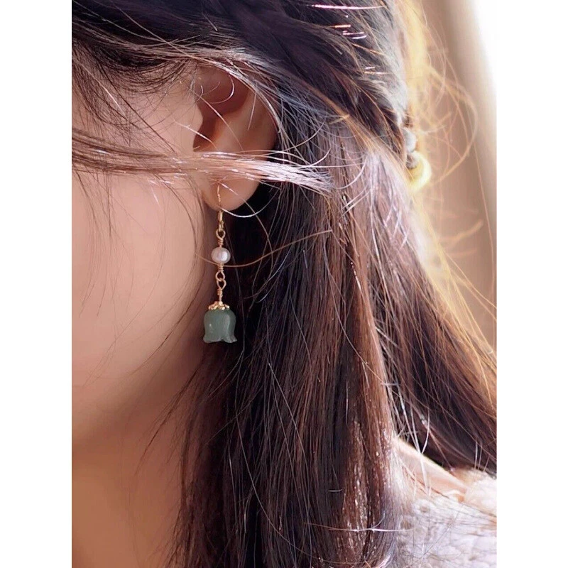 Pendientes colgantes de perlas con flor de jade lirio verde natural para mujer regalo Foto 4 de 4