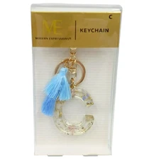 Modern Expressions C Monogram Keychain Blue Floral Flowers w/Pom Pom Tassel New