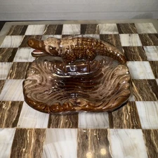 Vintage Ash Tray Ceramic Brown Glaze Alligator Gator Ashtray