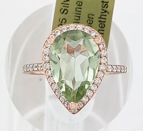 GENUINE 3.35 Cts GREEN AMETHYST & WHITE SAPPHIRES RING .925 Silver (rose) - NWT