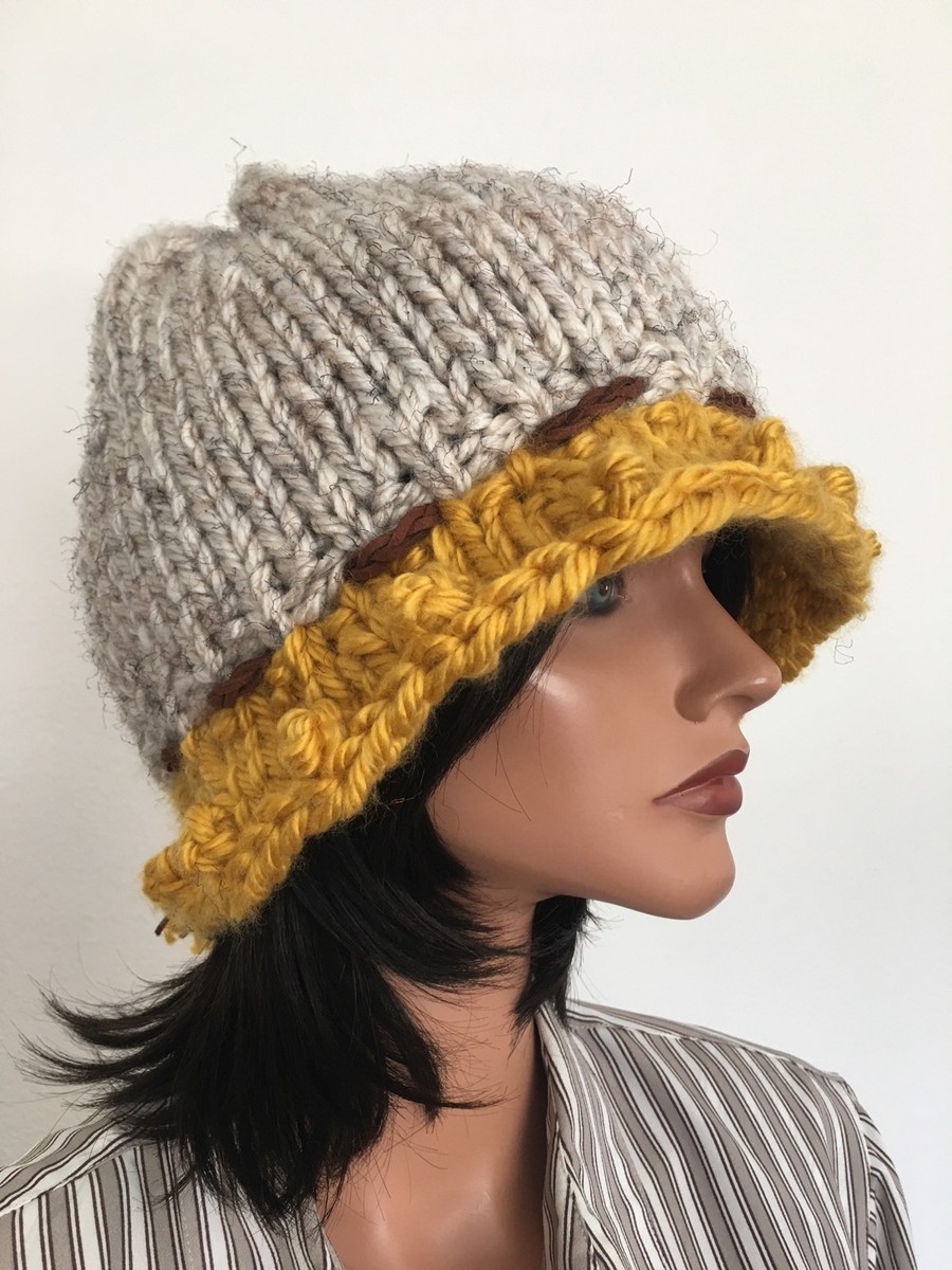 Hand Knits 2 Love Brim Hat Beanie Cap Bubbles Fringe Designer Semi Chunky Cozy Hand Knits 2 Love Beanie Hat Cap Boucle Chunky Nature  main image 4
