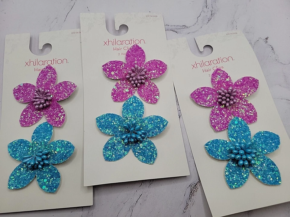 Sparkle Flower Hair Clips Barrette 3 pk Purple & Blue 2.5"ea Stiff Fabric - Изображение 2 из 3