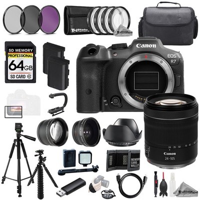 Canon EOS R7 + RF 24-105mm f/4-7.1 IS STM Lens+64GB+Ext Bat+9PC Filter-MEGA Kit