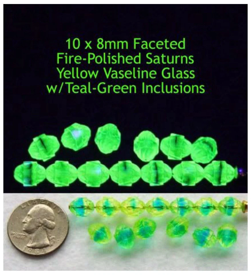 10 Pcs Czech VASELINE/URANIUM GLASS BEADS 10 x 8mm Faceted Fire-Polished Saturns