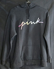 PINK Women's S Black Cotton Blend Fleece Pullover Hoodie Logo Pockets 559