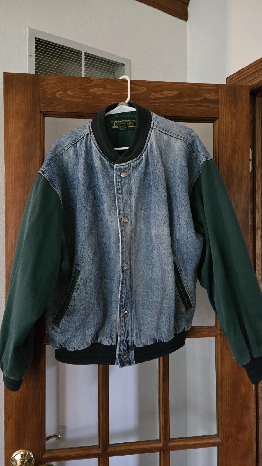 Vintage 90s Denim Green Plaid Varsity Bomber Jacket Size L Croft & Barrow