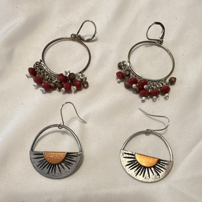 Handcrafted Beaded Sun Motif Dangle Earrings Set, Red Silver Gold Brown Boho