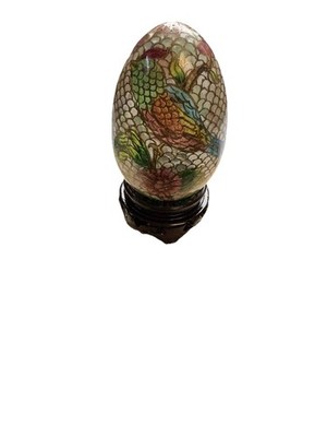 Vintage Asian Reverse Painted Egg Boxed W/ Stand Bird Floral Design Gold Scales