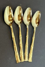 Supreme Cutlery Set of FOUR (4) Teaspoons Gold Tone Bamboo Handle Japan