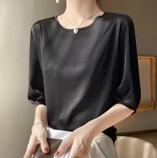 Women's Satin Silk Blouse Top Half Sleeve Loose Fit O-Neck Summer Tee M-XXXL