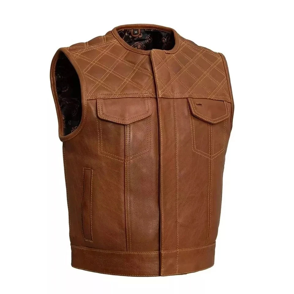Brown Genuine Leather Biker Club Vest Protection Panel Concealed Biker Waistcoat