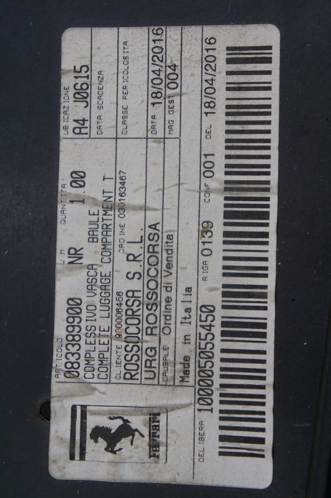 Front Trunk Luggage Compartment Trim 83389900 OEM Ferrari 458 Challenge