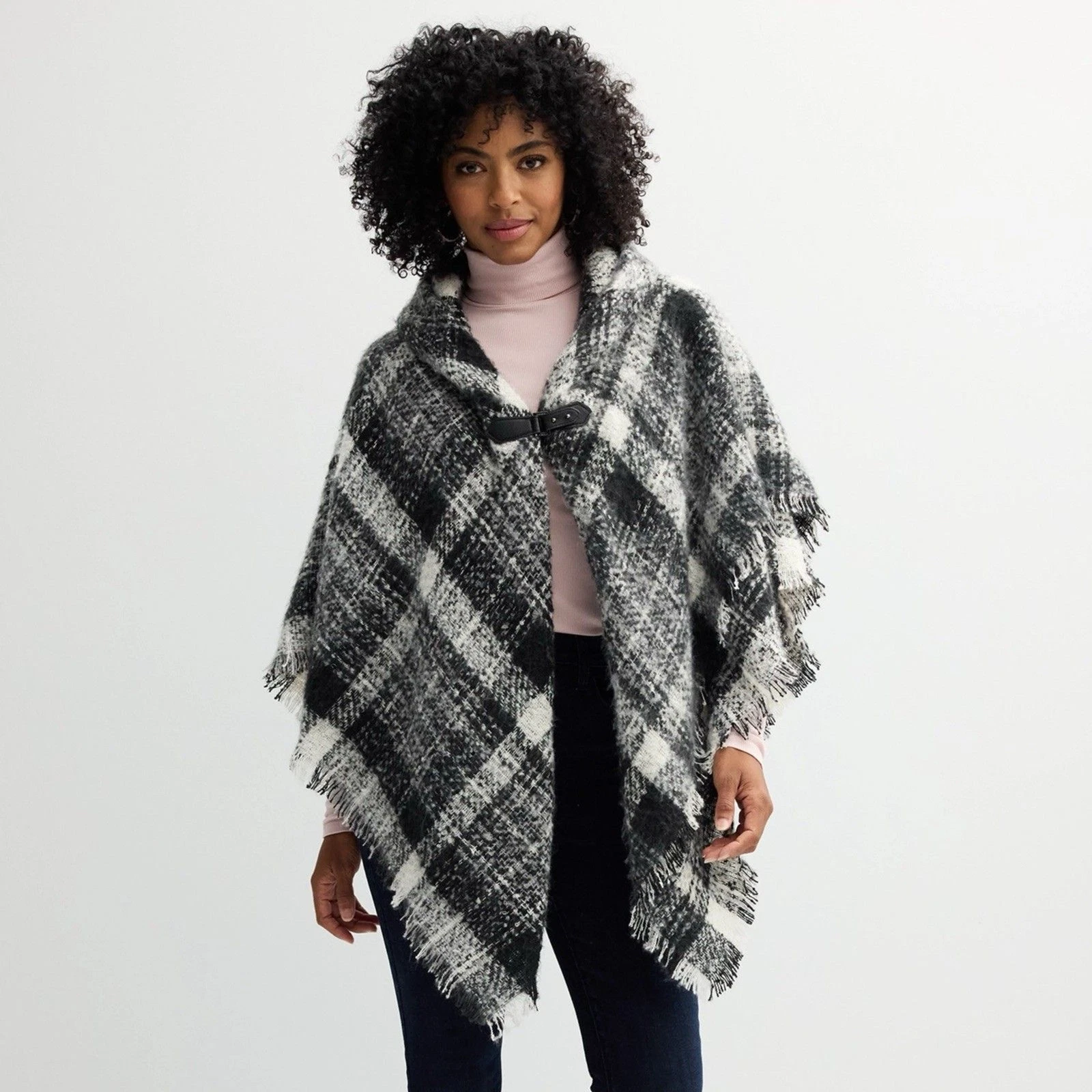 Sonoma Goods Poncho Black Boucle Colorado Plaid Toggle Shawl Women's
