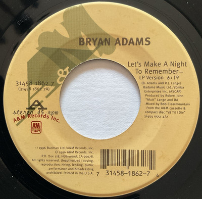 Bryan Adams Let's Make A Night To Remember / Star 7'' A&M Records   31458 1862 7