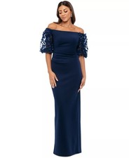$249 Xscape Navy Off the Shoulder Petal Sleeve Ruched Gown 22W NEW X318