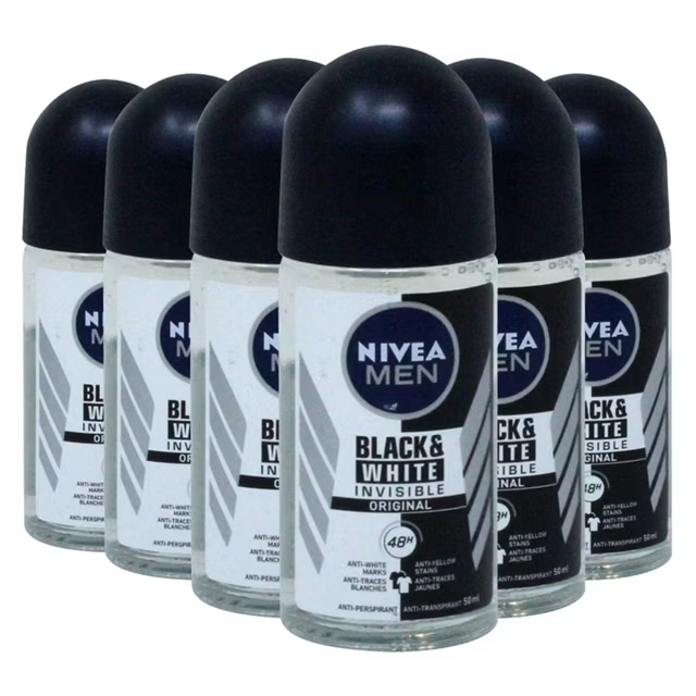 NIVEA Black and White Invisible 48 Hours Man's Deodorant Roll - 50ml, Pack of 6
