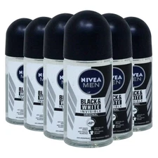 NIVEA Black and White Invisible 48 Hours Man's Deodorant Roll - 50ml, Pack of 6