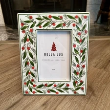 BELLA LUX Christmas Holly 4x6 Winter Greens Photo Picture Frame Ceramic Painted