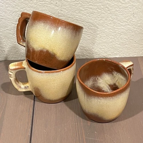 Frankoma Pottery Plainsman Desert Gold 5C Coffee Mugs Set of THREE Vintage MCM