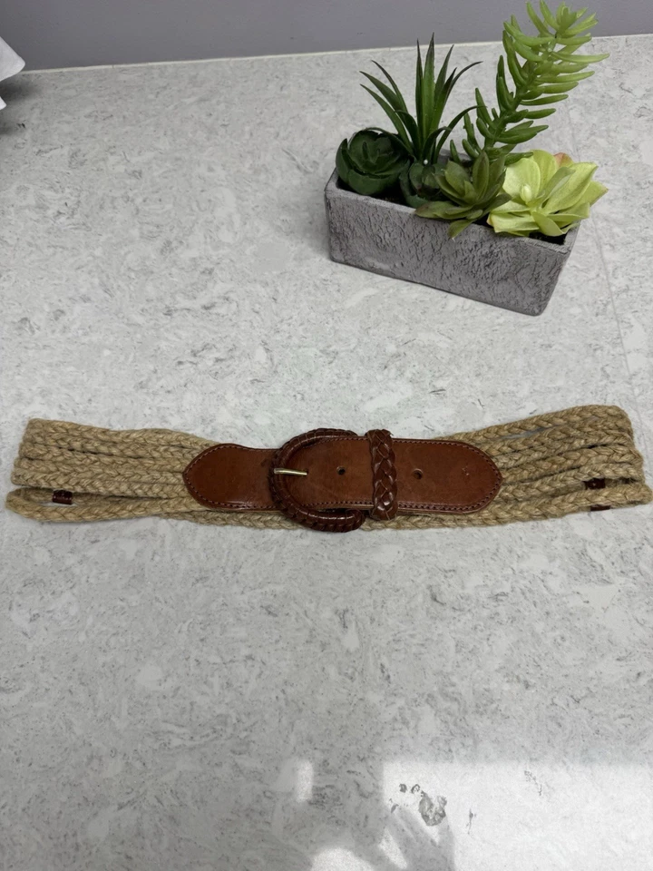 Women  RALPH LAUREN BRAIDED light brown ROPE LEATHER TRIM DECO BELT  30-32” - Image 2 of 4