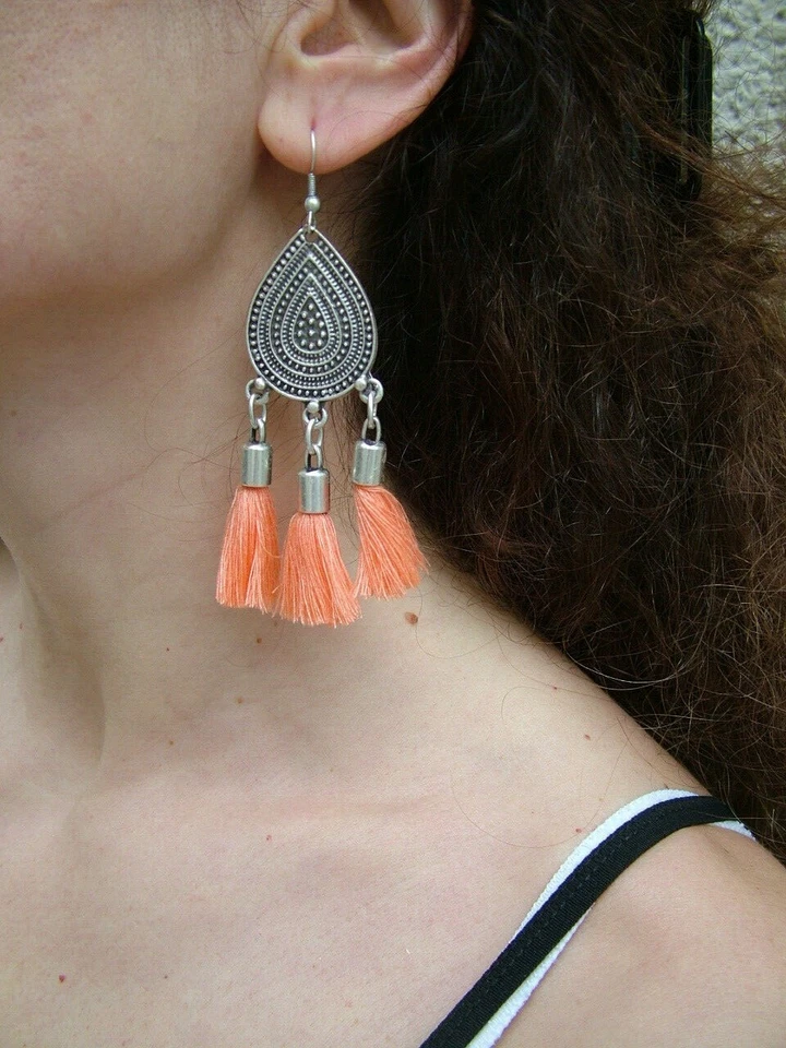 ORECCHINI PENDENTI ZAMAK ARGENTO TIBETANO NAPPINE ARANCIONE BOHO VINTAGE DARK 1L - Immagine 2 di 3