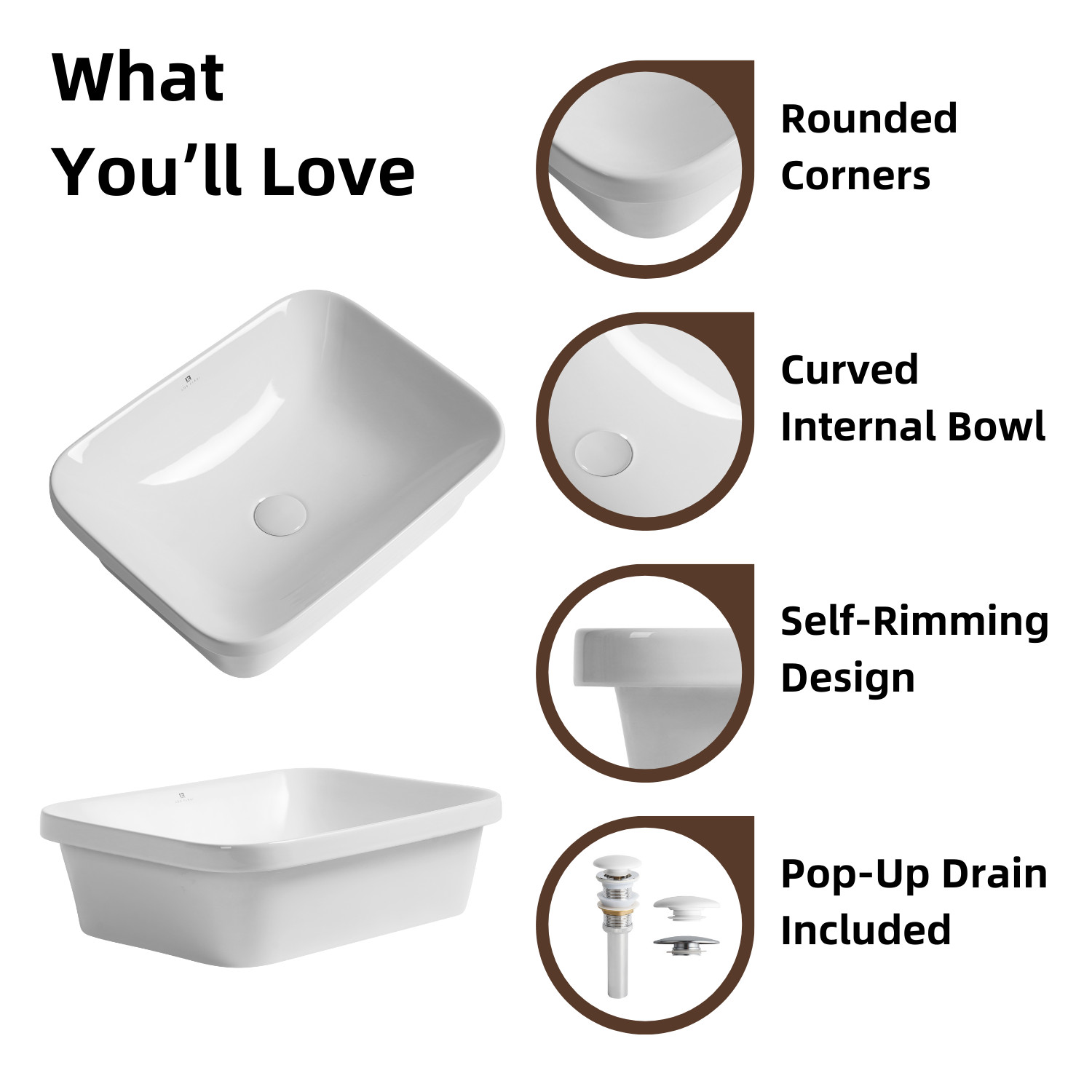 20 x 15 Inch Drop-In Bathroom Sink, White Ceramic Semi-Recessed Sink with Drain