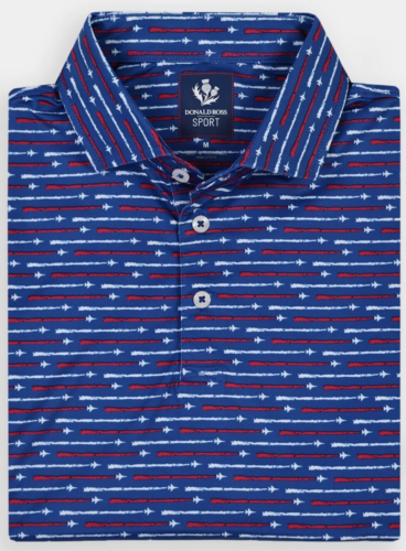 NEW Donald Ross SPORT MEDIUM Fighter Jet Print Polo Golf Shirt Navy Blue Red
