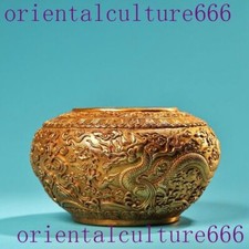 Palazzo dinastia cinese bronzo dorato fengshui doppio drago lungo Crock serbatoio vaso vaso