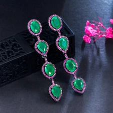 Black Gold Plated Green Drop Long Dangle Earrings Women Zirconia Costume Jewelry