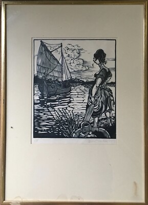 Holzschnitt Bengt Nordenborg Maritim Schweden Frau Waschtrog Ufer Segelschiff