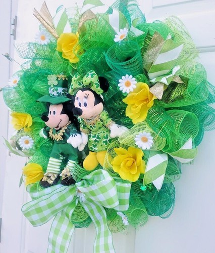 St. Patrick's Day Mickey Minnie Mouse Front Door Wreath Large Handmade Deco Mesh - Picture 8 of 12