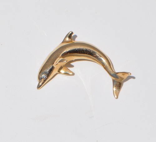 14k Solid Gold Natural Diamond Dolphin Pendant - Necklace 3D Sculpture Large YG - Picture 5 of 6