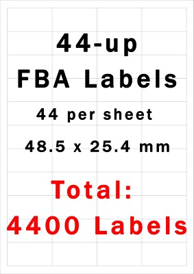 Amazon FBA 44-UP Labels White 48.5 x 25.4 mm on A4 - 100 Sheets - 4400 Labels