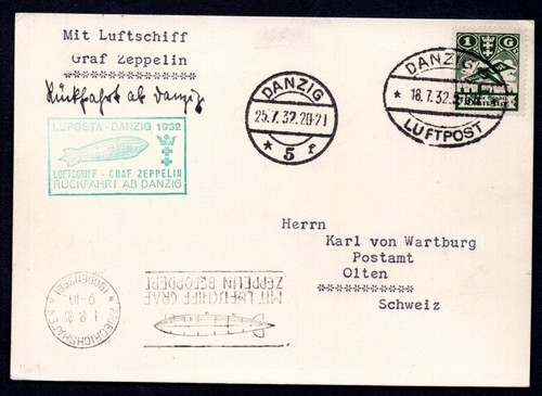 GERMANY DANZIG 1932 ZEPPELIN POST CARD RÜCKFAHRT AB DANZIG TO SWITZERLAND - Picture 1 of 2