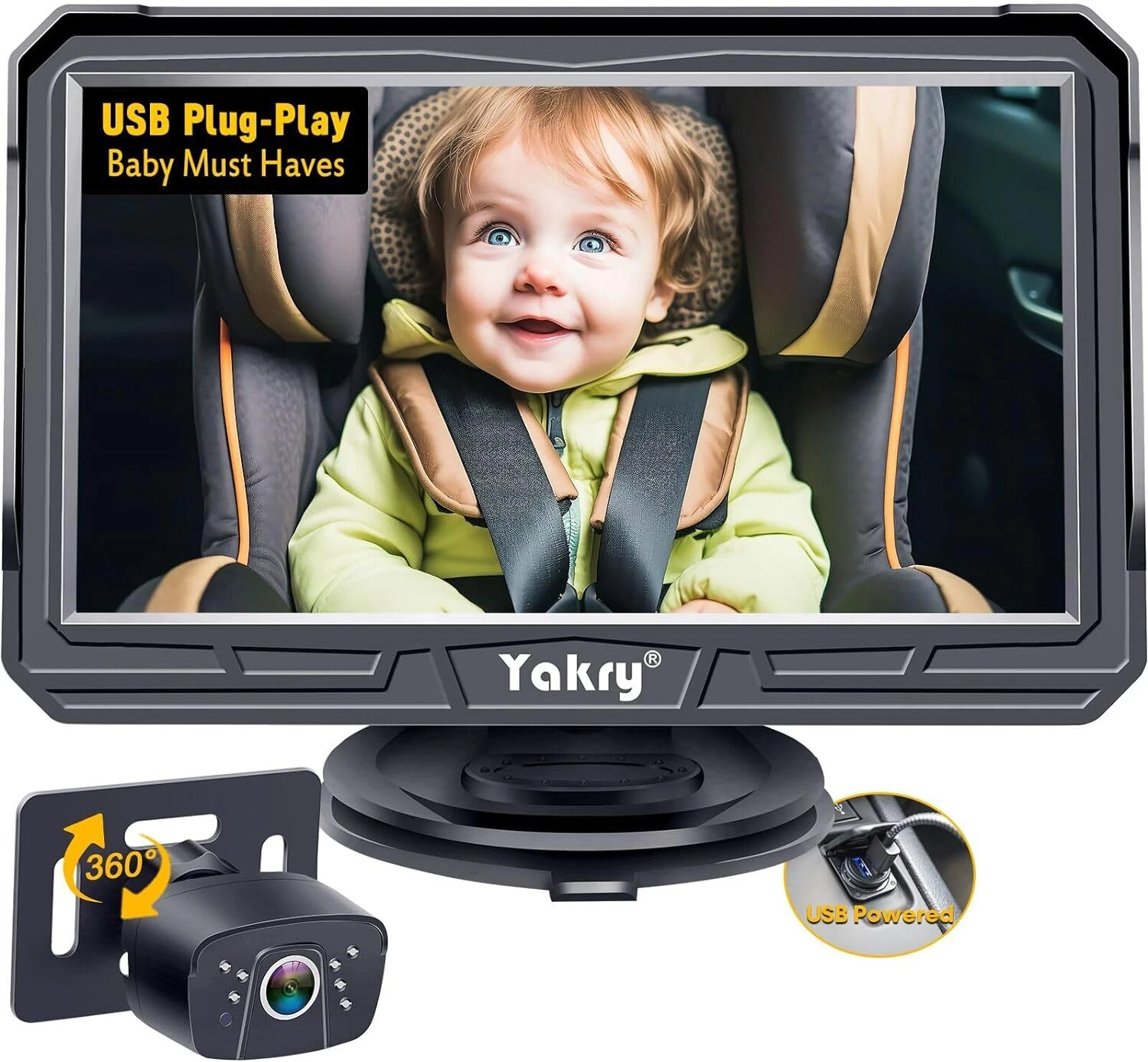 Baby Car Camera Monitor, Easy Install 360° Rotation USB Plug N Play Night Vision