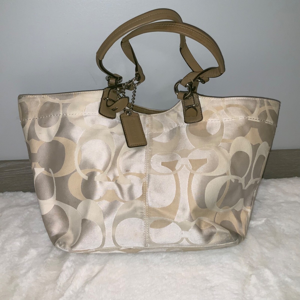 Vintage Coach Signature Satin Tote Bag Logo Large Ivory