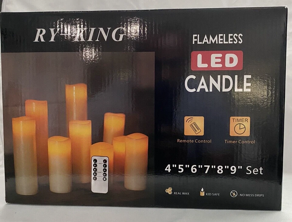 RY-KING PILLAR SIN LLAMA LED CERA REAL Juego de velas Temporizador 4" 5" 6" 7" 8" 9" Foto 2 de 4